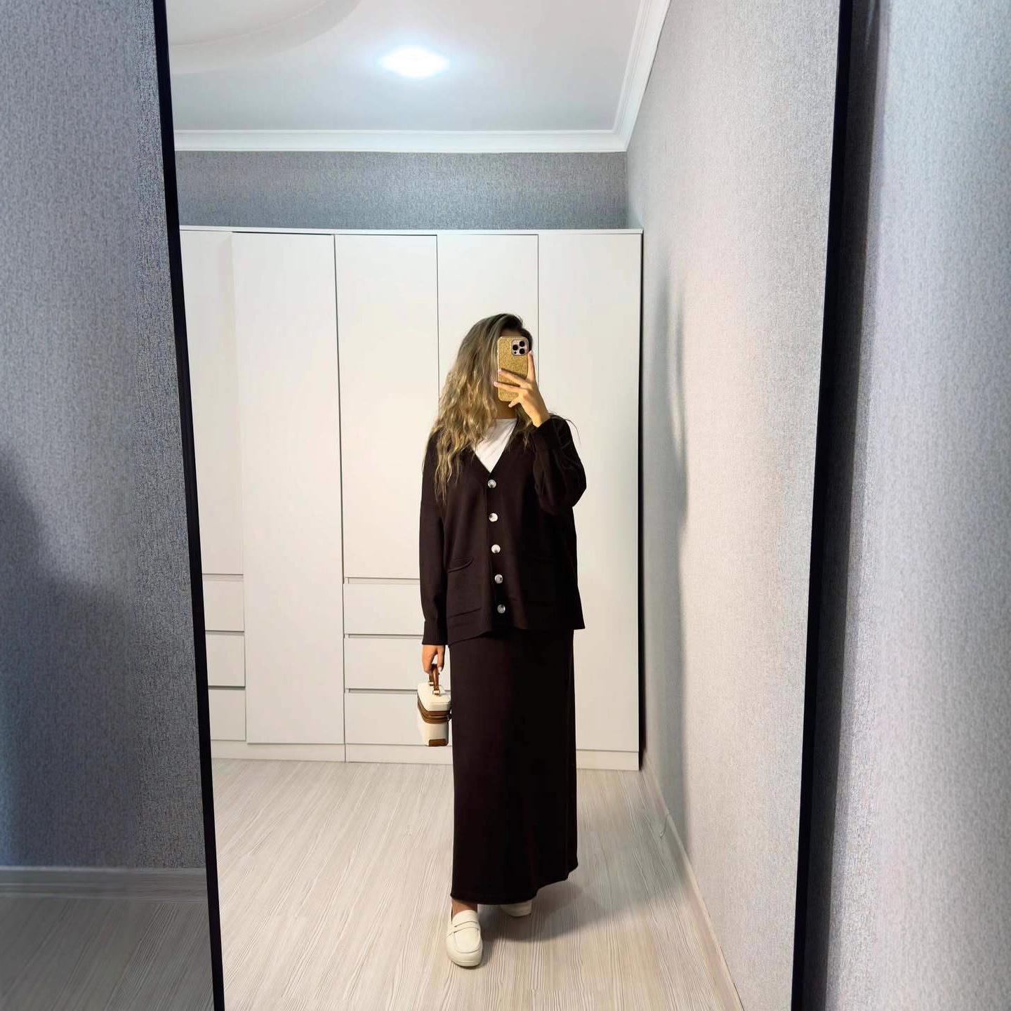 2025 cross-border European and American V-neck button belt waist long sleeve autumn new jacket straight one-step long skirt XS