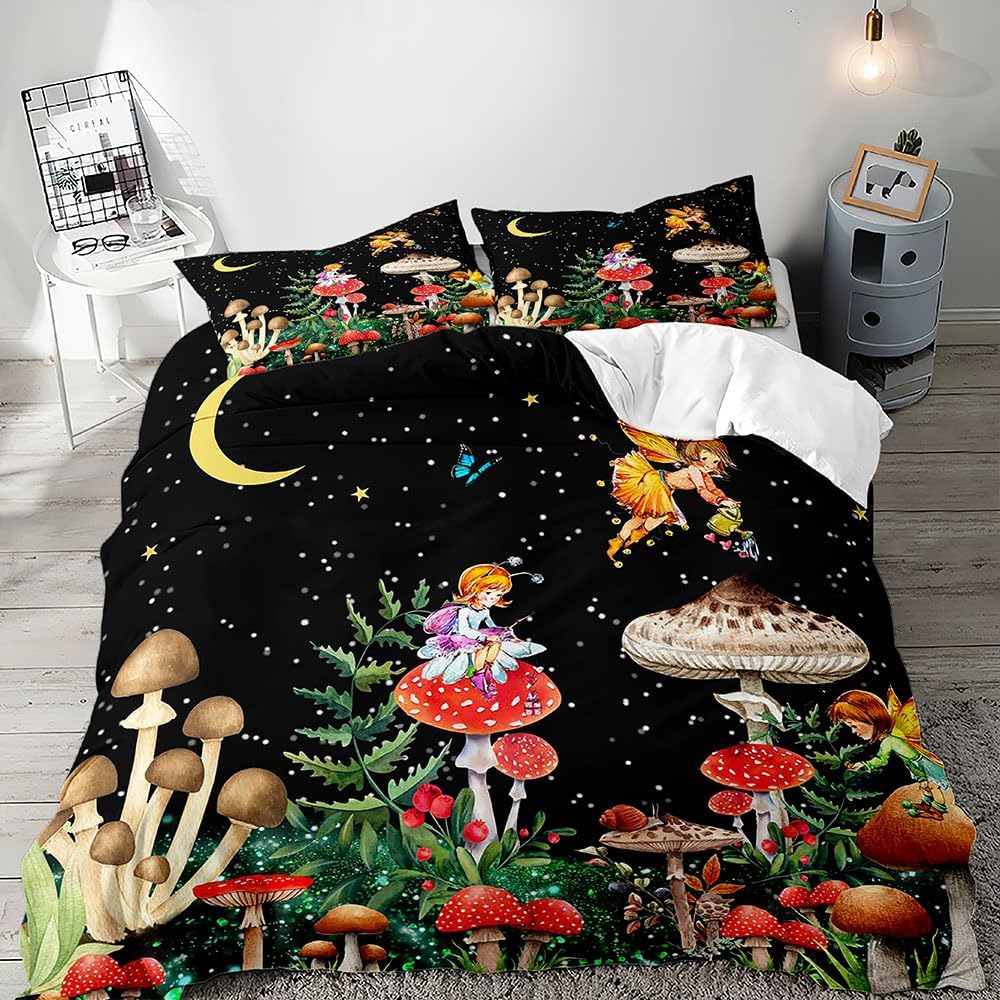 Olive Green Queen King Size Duvet Cover Set Boys Girls Kids Bedding Magic Forest Wonderland Plants Fungi Mushrooms  3 Piece Set