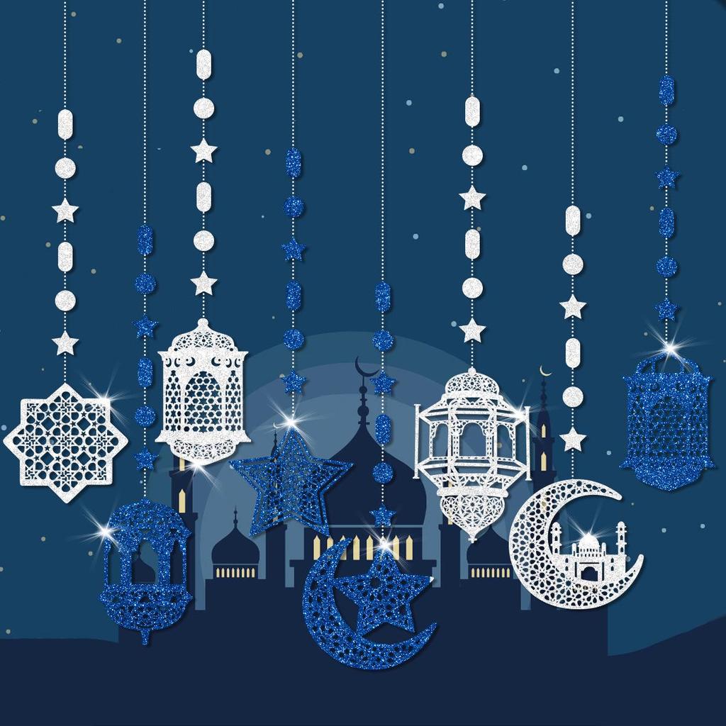 Ghirlandă Festival Orientul Mijlociu cu Stele și Lună Suspendată - Decor Lanternă Petrecere 8 buc