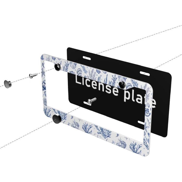 Vintage Shell License Plate Frame Blue Ocean Conch Sea License Plate Frames Personalise License Plate Frames Rust-Proof Stainless Steel Metal Car
