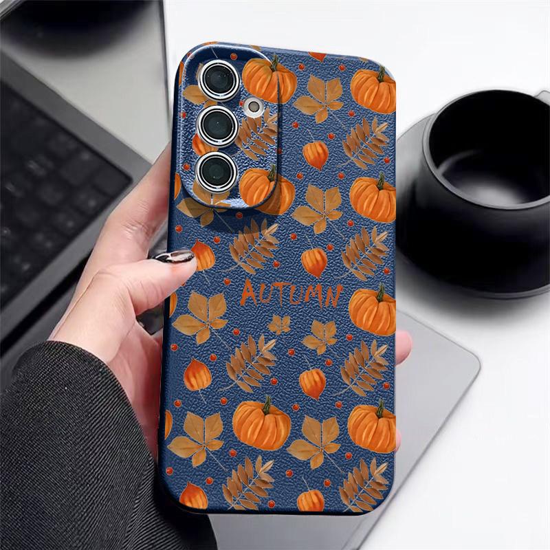 Herbst Kürbisdruck Handyhülle Für Samsung Galaxy S25 Edge S24 S25 FE S23 S22 Ultra A17 A56 A55 A54 A36 A15 A16 Silikon Ledertextur Cover