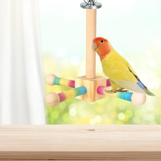 Birds Stand Perch Toy 360-degree Rotating Wooden Interactive Parrot Exercise Wheel Perch Toy Cage Accessory for Parakeets Budgies Lovebirds