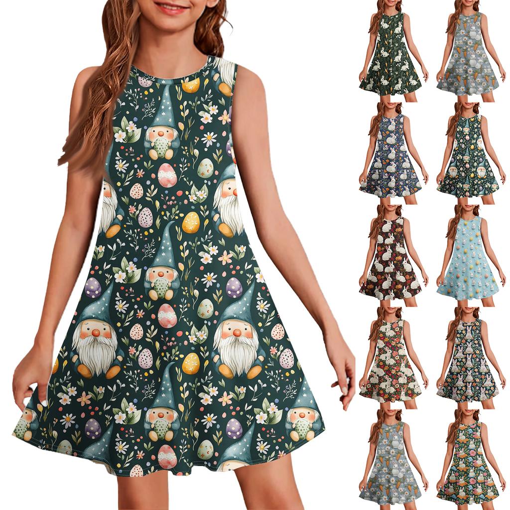 Ärmelloses Sommerkleid für Mädchen mit Aufdruck in Farbe, legeres Kleid