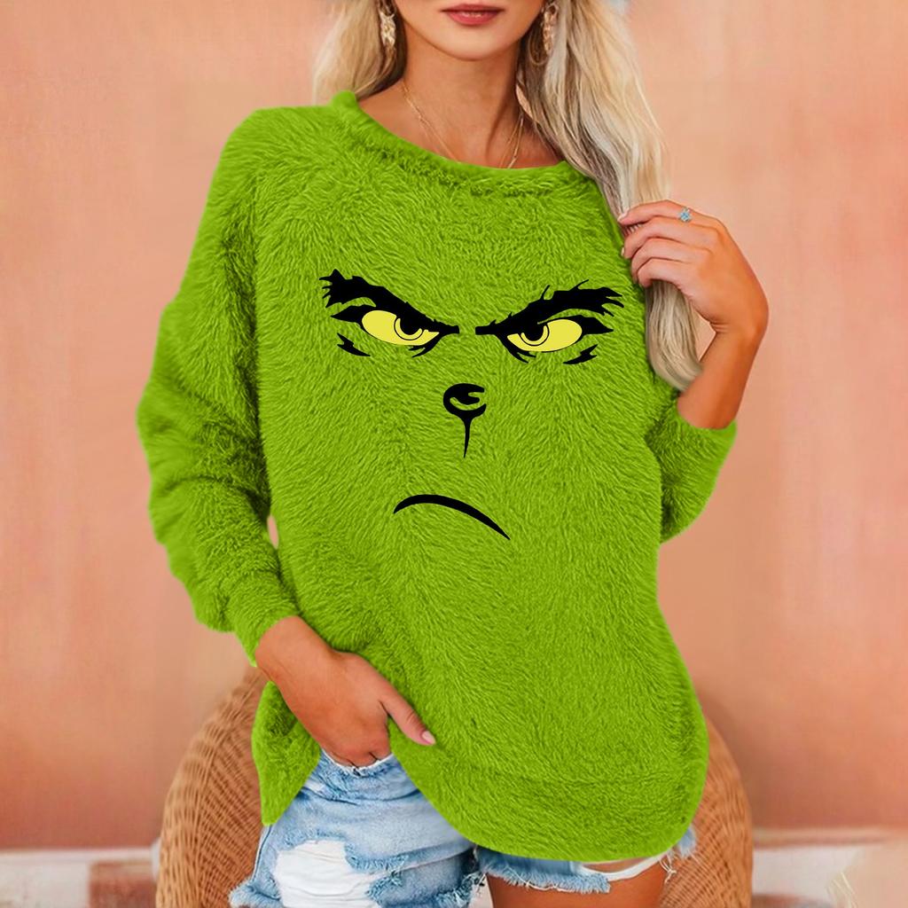 Damen Modischer Rundhals Langarm Weihnachts-Print Lockerer Plüsch Warmer Pullover