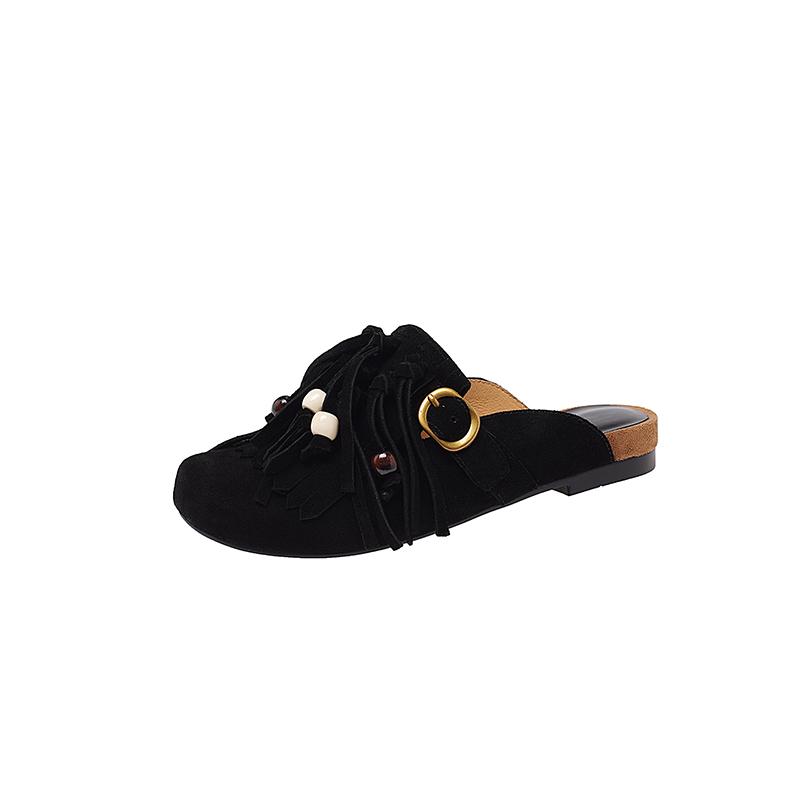 Fashion New Summer Slippers Cow Suede Slippers for Women Fashion Tassel Decoration Mules Round Toe Low Heels Cover Toe Slippers Sandals
