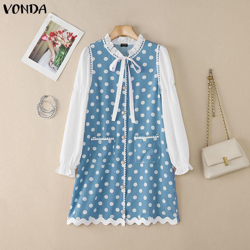 

VONDA Elegant Women Ruffled Bow Knot Neck Long Sleeve Polka Dots Patchwork Mini Dress 2XL синій