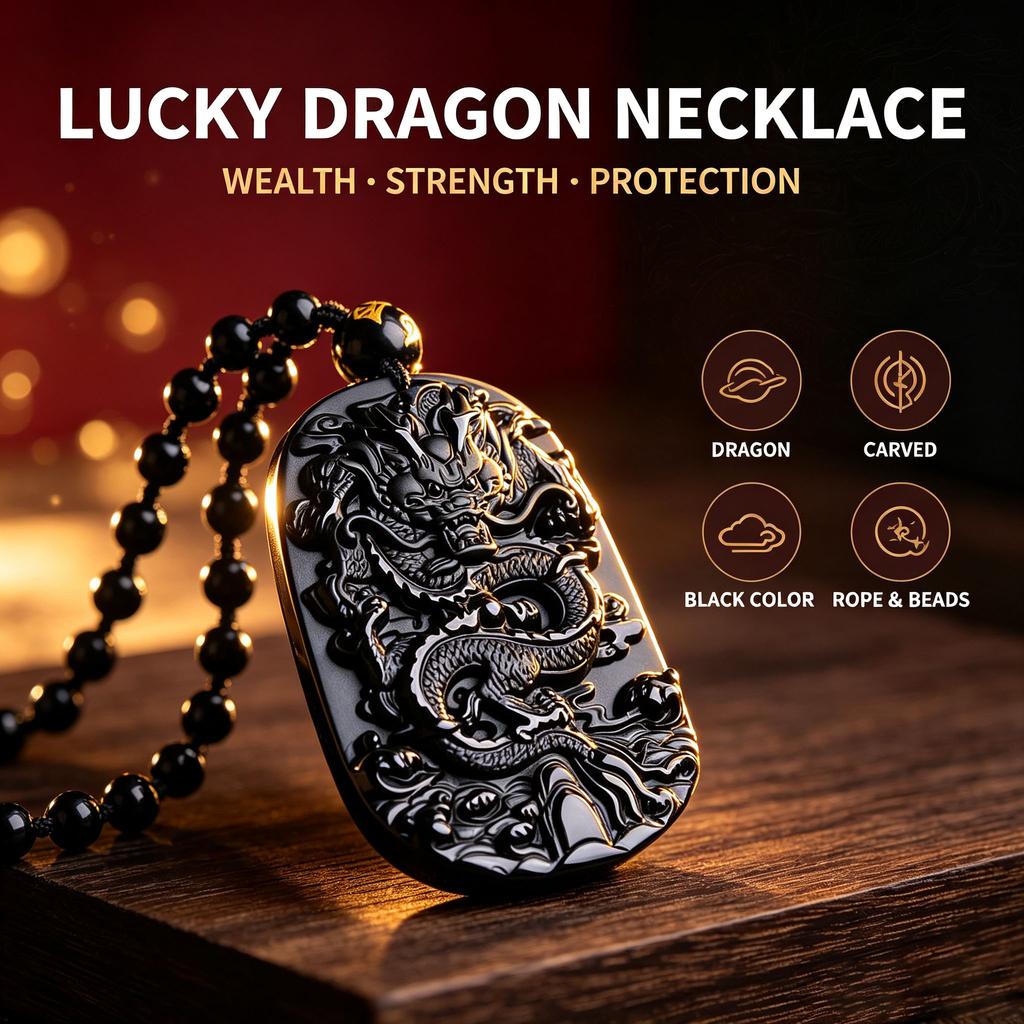 Natural Black Obsidian Chinese Dragon Pendant Jade Necklace Jewelry Amulet Lucky Mens Gift