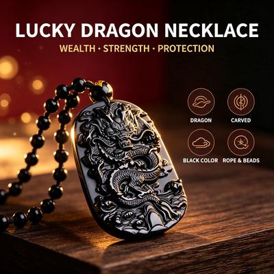 Colgante de dragón chino de obsidiana negra Natural, collar de Jade, amuleto de joyería, regalo de la suerte para hombres