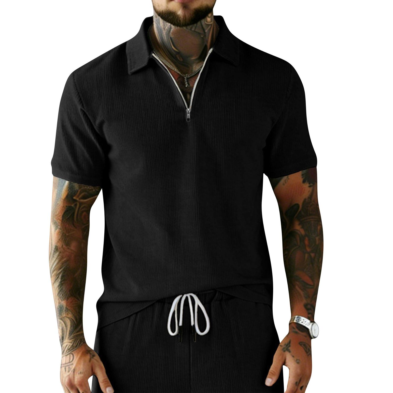 Men s Vintage Corduroy Zip-up Short-sleeved Shirt XXL чёрный