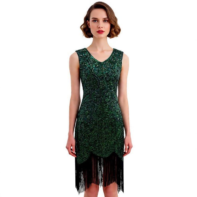 S Vintage Gatsby Sequin Dress Gala Dress Tassel Dress Double V-Neck Dress Stage Performance Costume