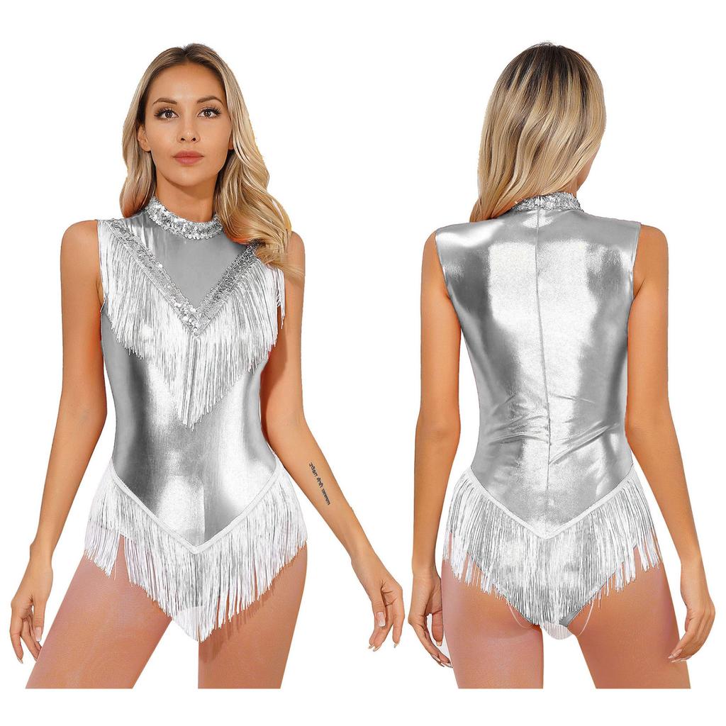 Womens Metallic Sleeveless Fringed Bodysuit Shiny Sequins Mock Neck Tassel Leotard for Latin Dance Performance