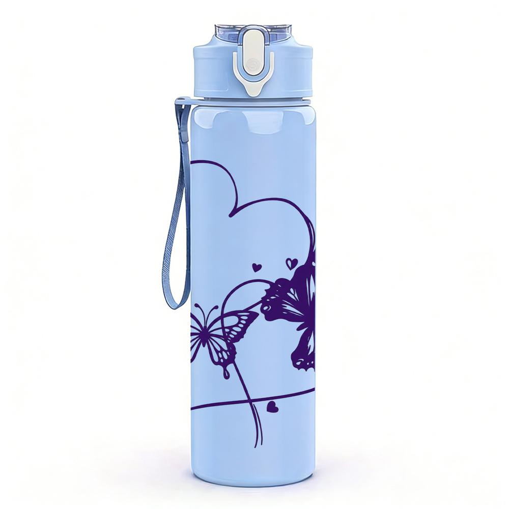 1PC Purple Butterfly Thin Heart 750ml Color Plastic Sports Water Bottle Leakproof Flip Straw Lid Suitable for Sports Office Home Use