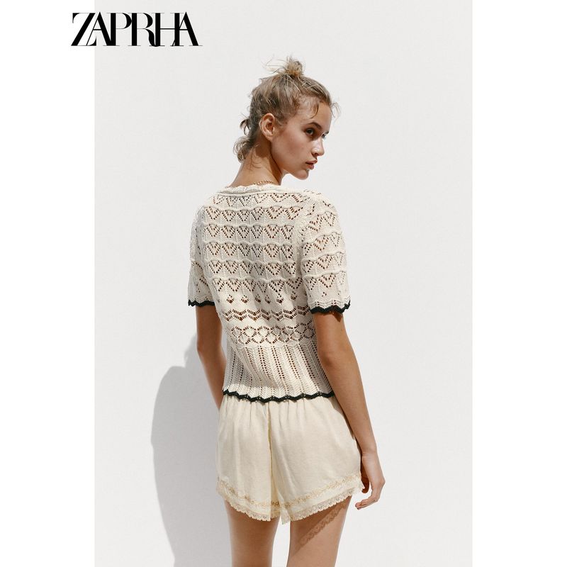 Zaprha 2025 Summer New Sweet Contrast Color Hollow Design round Neck Short sleeve Knit cardigan 6771121
