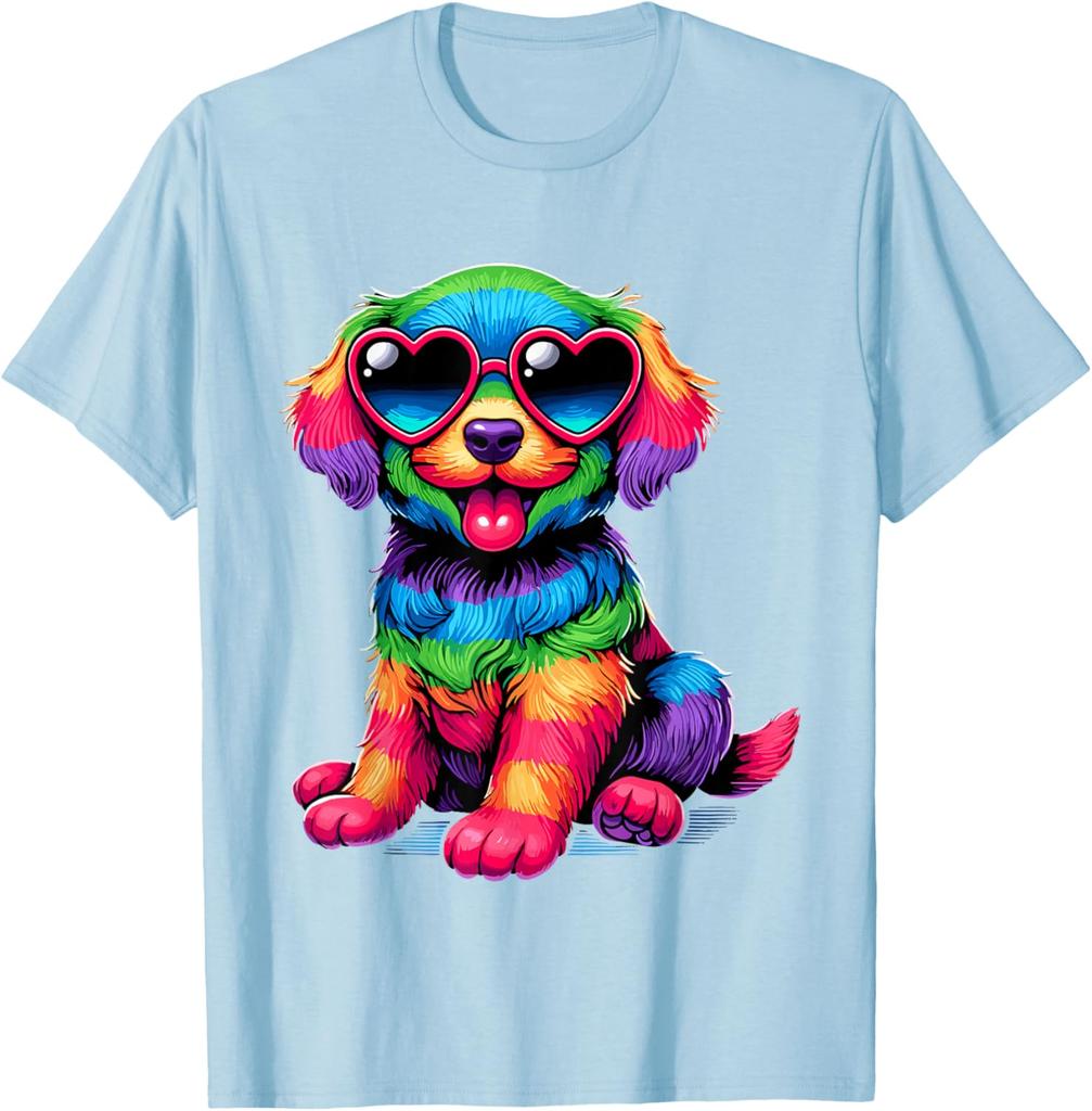 Rainbow Furry Dog With Heart Sunglasses Graphic Print Cotton T-Shirt Casual Trip Wear