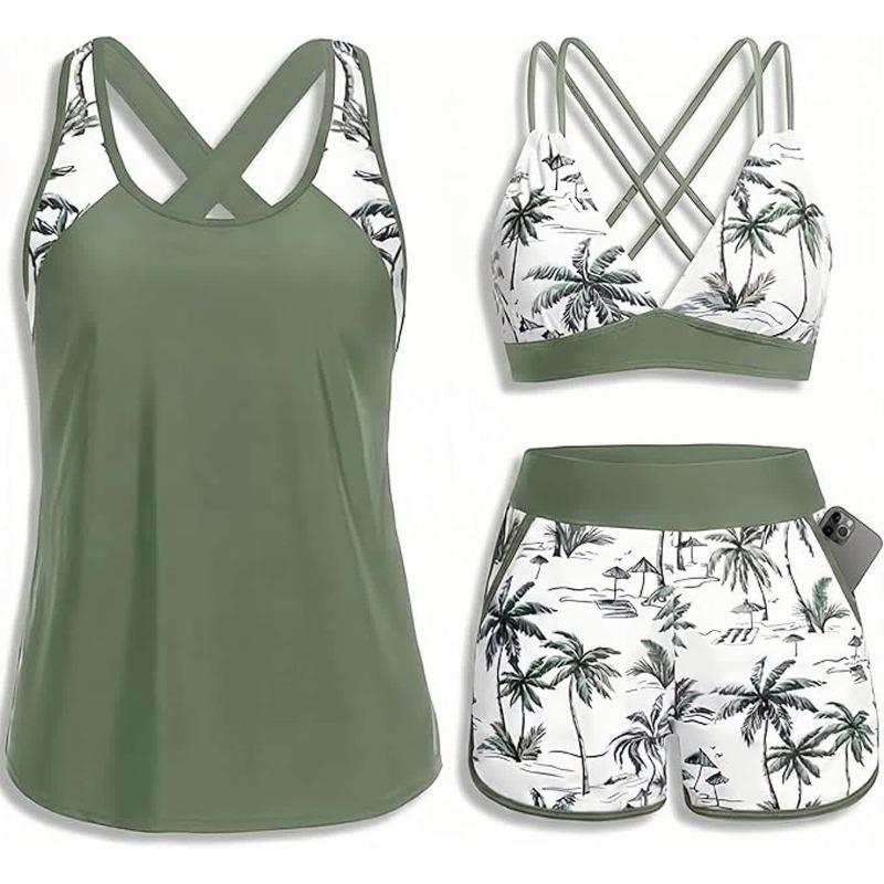 Costume da Bagno Intero a Tre Pezzi da Donna con Tasche Design Incrociato Bellissimo Dorso Bikini Boxer Costume da Bagno Sportivo