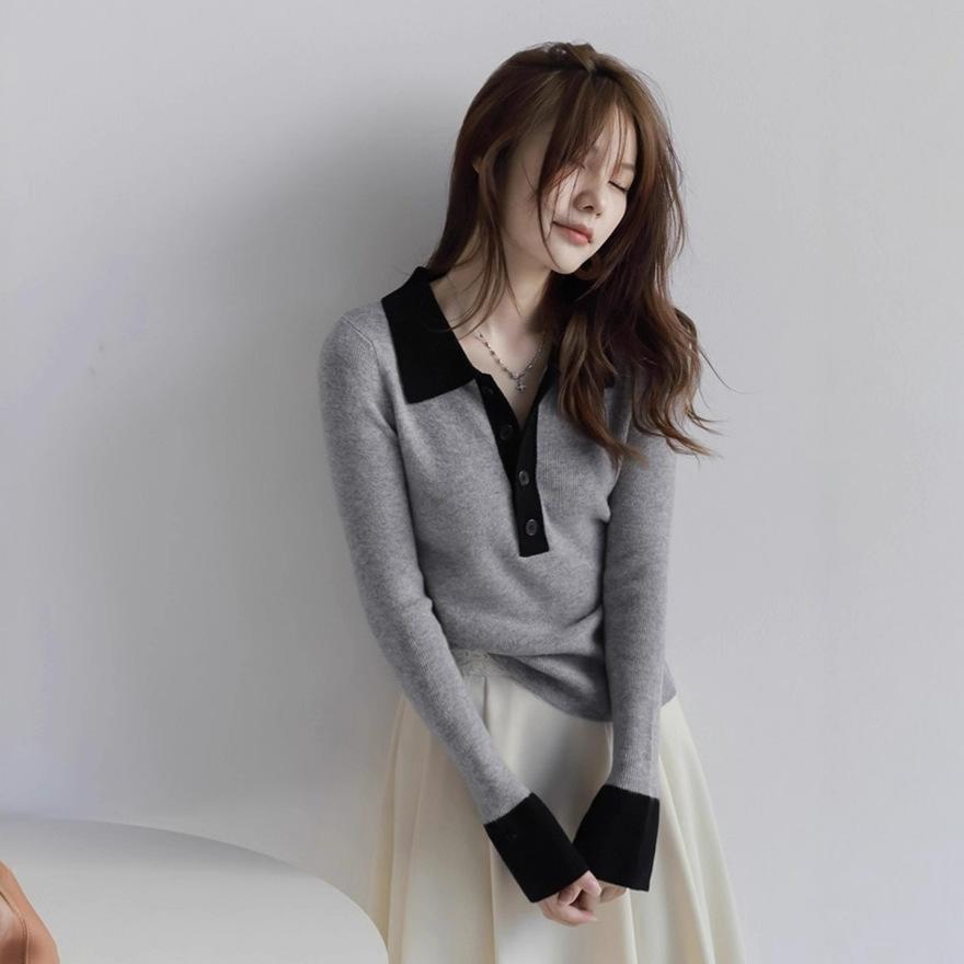 French high-end polo collar contrasting color button-up knitted sweater women s autumn inner lapel one size fits all