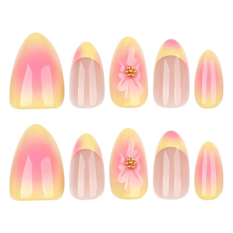 Long Wear French Artificial Nail 3D Flower Detail Yellow Coral Blend Easy Application Durability ABS Materials