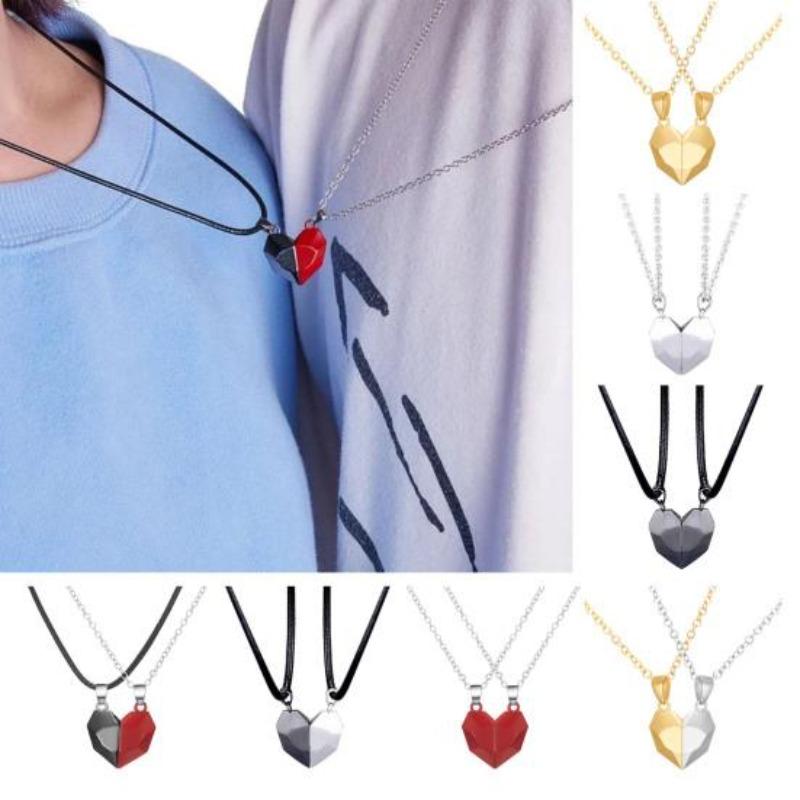 1 Pair Couple Matching Necklace Set Electroplated Alloy Magnetic Heart Shape Pendant Romantic