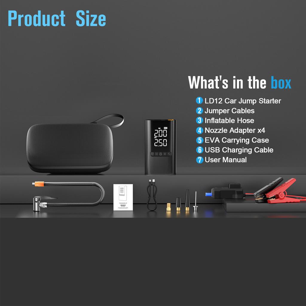 Auto Starthilfe mit Luftpumpe, 12V Notfall Batterie Überbrückungspack, Digitaler Reifenfüller für Autos,