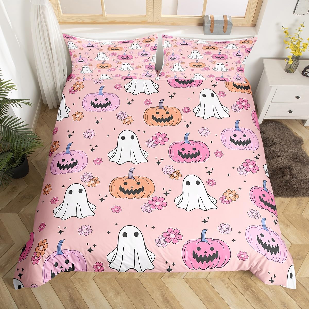 

Cartoon Ghost Duvet Cover Scary Halloween Theme Bedding Set Spooky Pumpkin Comforter Cover Skull Skeleton Bed Cover Twin Queen EU Single(135x200cm)