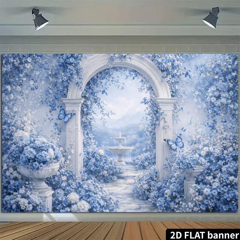 2D Dreamy Blue Floral Garden Backdrop, Watercolor Archway Party Banner