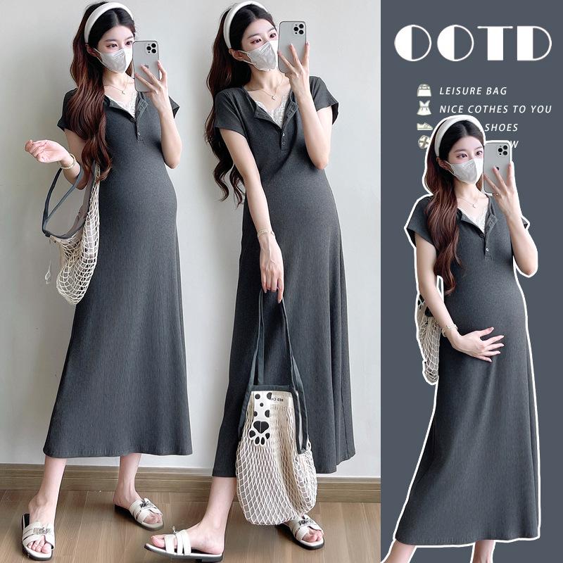 2026 Summer French Style Lace Patchwork Maternity Maxi Dress Medium