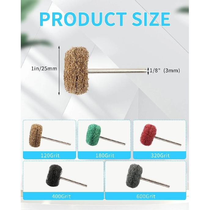 100Pcs Abrasive Buffing Wheels, 1 Inch Buffing Polishing Wheel Set with 1/8 Inch Shank, 20Pcs Each of 80 150 240 400 600 Grit Sc