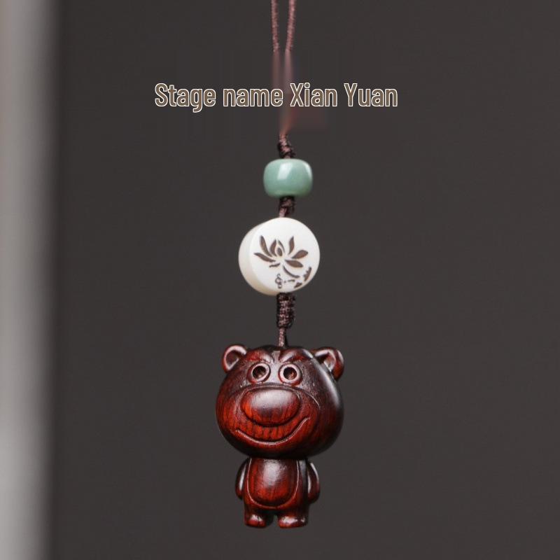 Sandalwood Carved Strawberry Bear Coin Purse with Golden Toad, Crab Claw Keychain, & Phone Strap Pendant