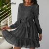 Floral Print Ruffled Summer Dress Women Elegant Long Sleeve Sashes Female Chiffon Dress Bohemian Spring Short Dress