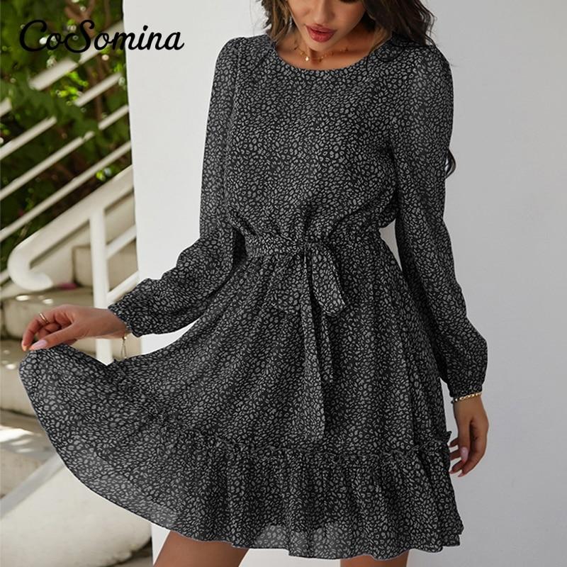 Floral Print Ruffled Summer Dress Women Elegant Long Sleeve Sashes Female Chiffon Dress Bohemian Spring Short Dress