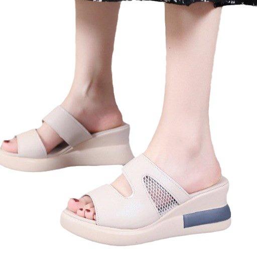 Wedge heel slippers women's summer high heel thick bottom one-word drag wear fish mouth women's cool slippers women