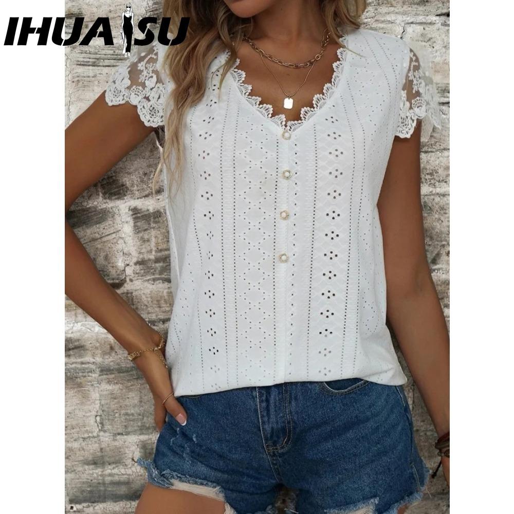 

IHUASU Женская Мода Повседневные Однотонные Принтованные Блузки и Рубашки с Коротким Рукавом и V-образным Вырезом S белый