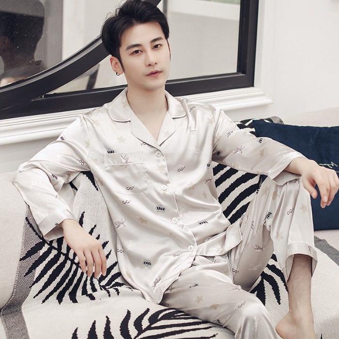 Men's Summer Ice Silk Pajama Set: Long Sleeve, Long Pants, Loose-Fit, Cooling Style.