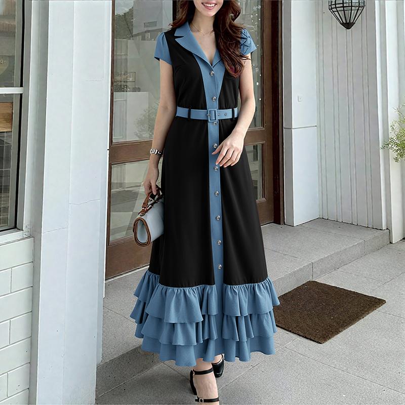 ZANZEA Damen Casual Umlegekragen Kurzarm Sommer Langes Kleid