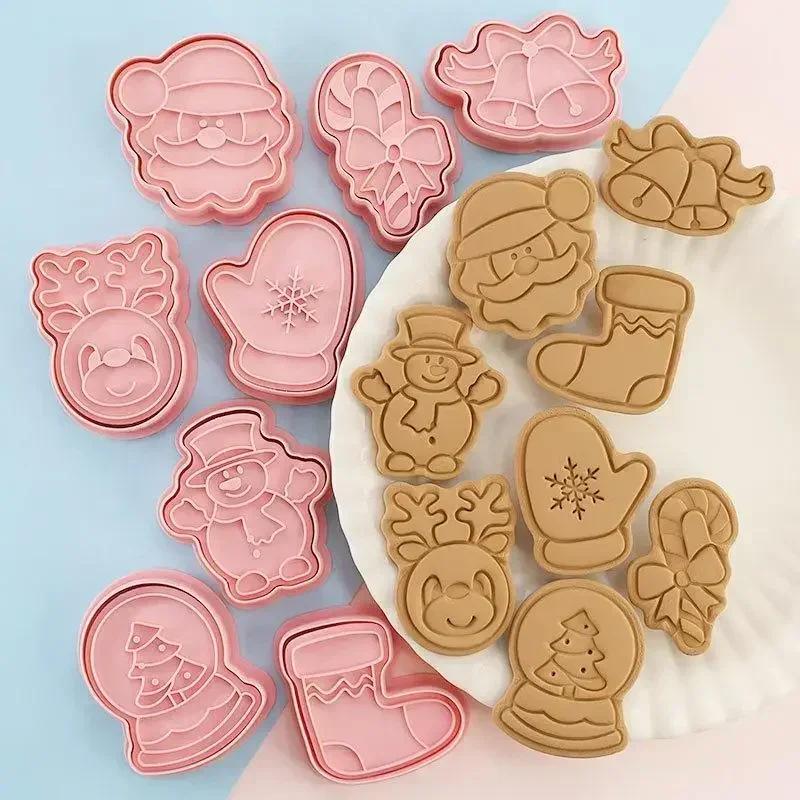 8pcs/set Cartoon Plastic Baking Mold Christmas Cookie Cutter Fudge Chocolate Cake Dessert Baking Decoration Tool Cake Mold