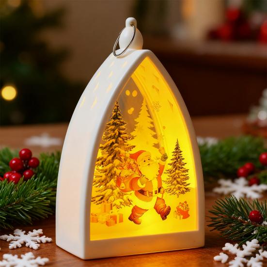 Vintage Christmas Ornament House Shape Santa Claus Deer Snowman Statue Night Light Glowing Decoration