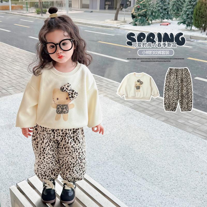 Girls Leopard Print Hoodie and Pants Set for Spring Autumn 90