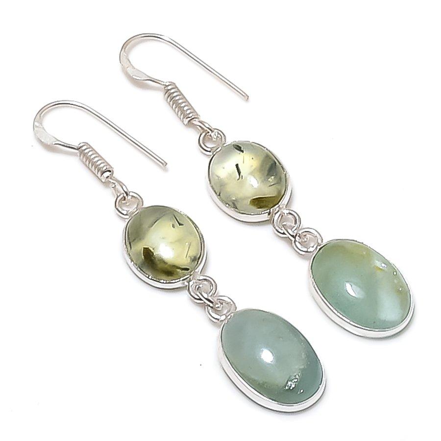 Natural Aquamarine, Prehnite 925 Sterling Silver Jewelry Earring 2.09" AEE-11240