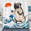 Pug Dog Shower Curtain with Great Wave and Sunset Japanese Art Style for Funny Bathroom Decor