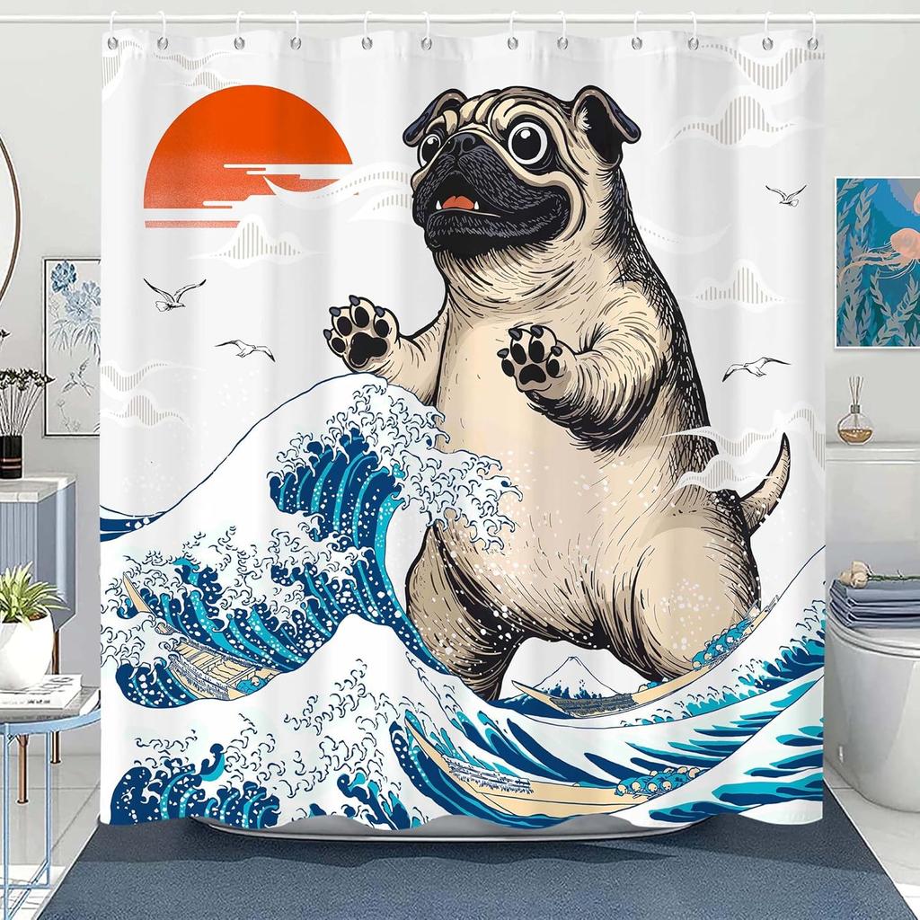 Pug Dog Shower Curtain with Great Wave and Sunset Japanese Art Style for Funny Bathroom Decor