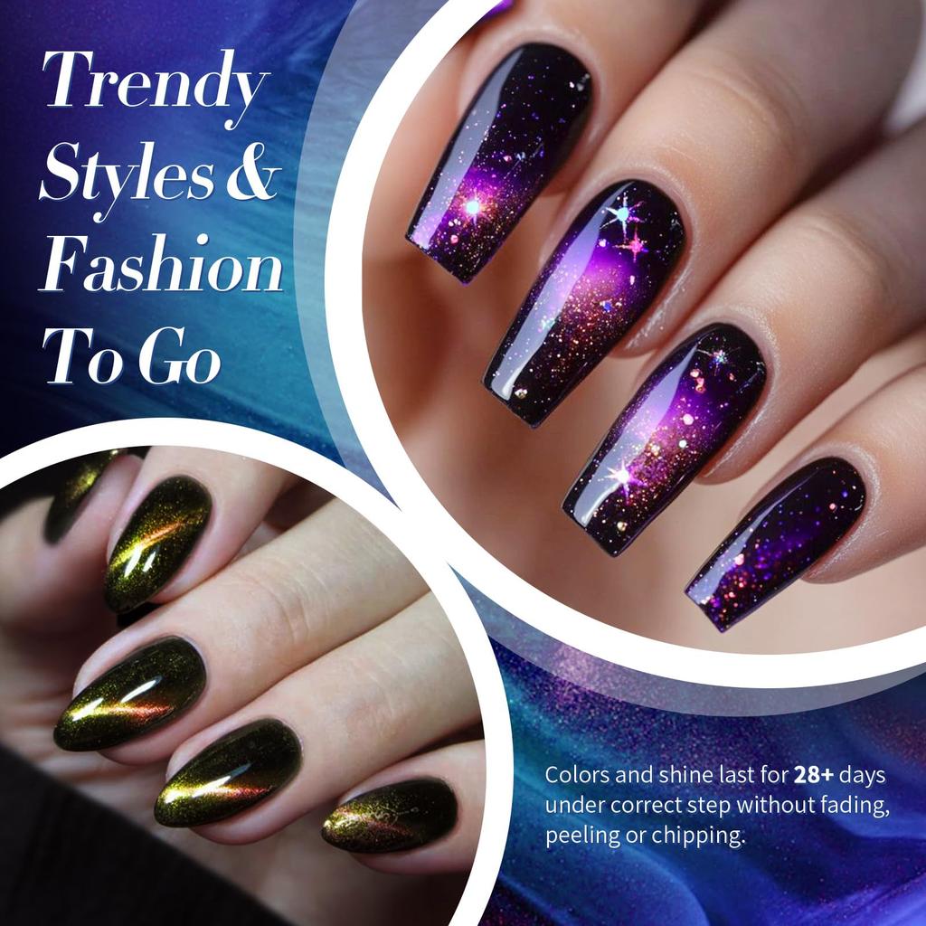 BORN PRETTY Cat Eye Nail Polish Holographic Chameleon Galaxy Magnetic Nail Polish with Black Magnetic Salon Home Gift for Women 5-Color Set,