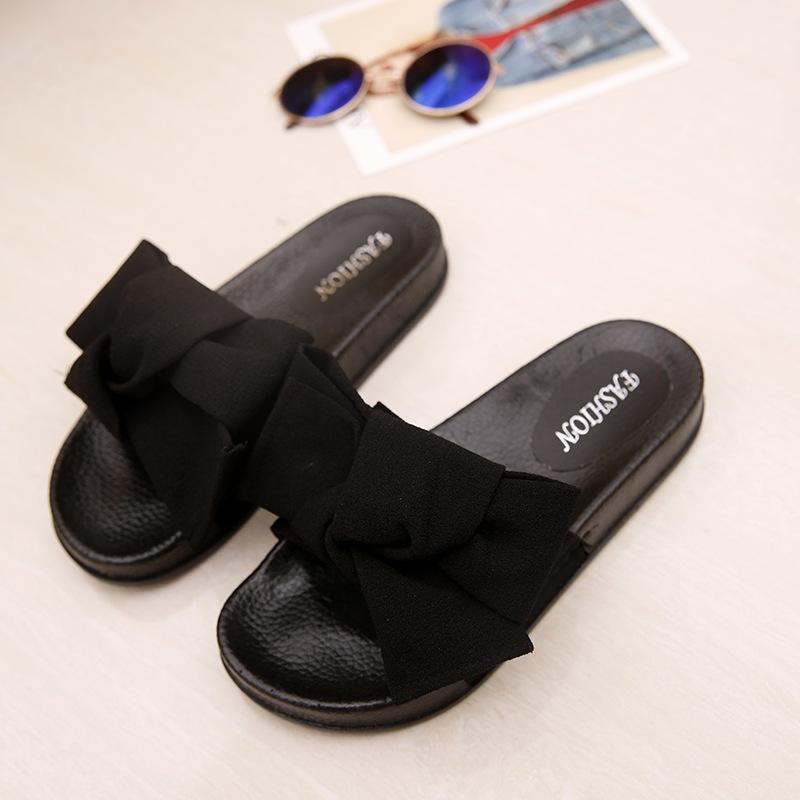 

Internet celebrity explosion bow slippers women wear 2025 summer new sandals flat soft bottom beach sandals 35 чёрный