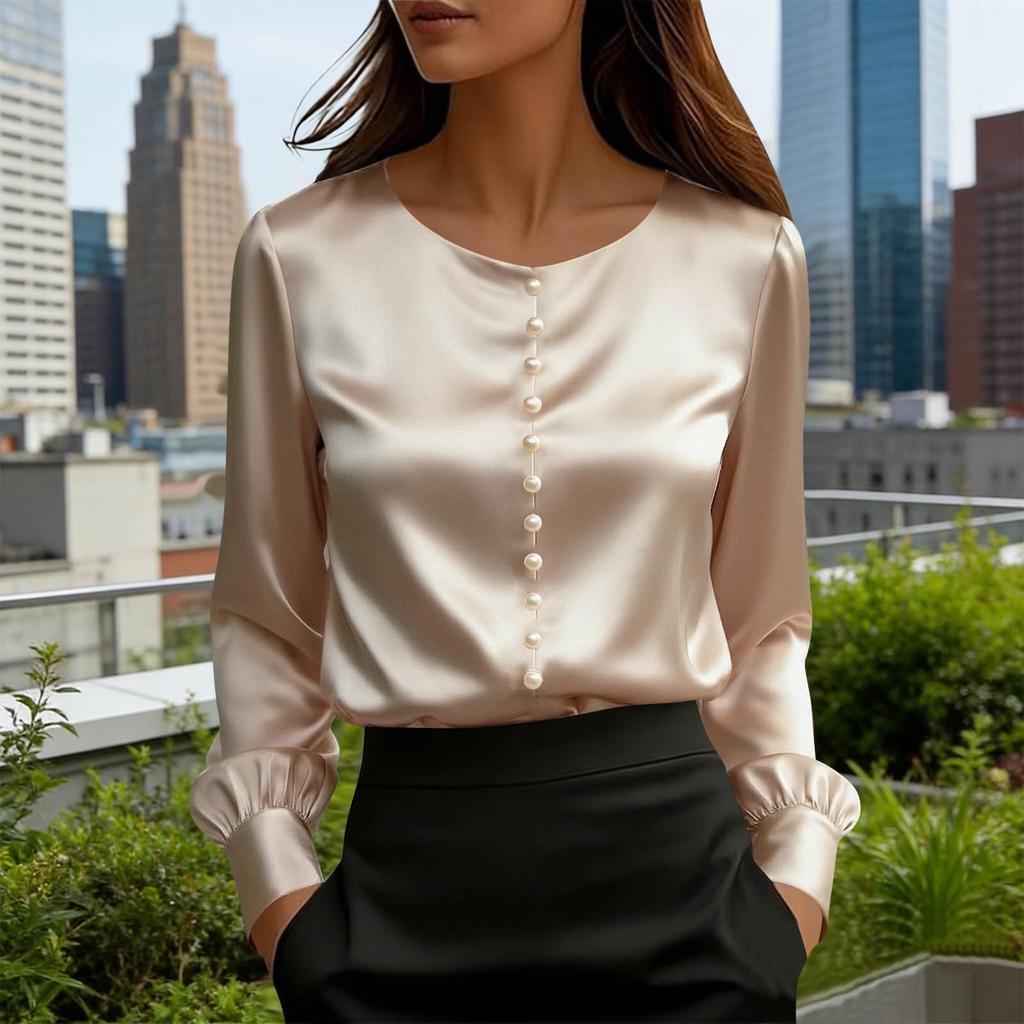 Women's Long-sleeved Satin Color Shirt. Pearl Button Collar. Round Neck Silky Smooth Business Casual Top