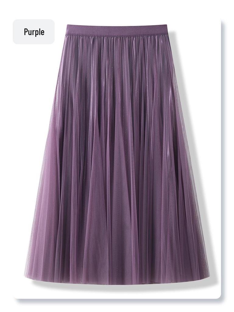 Lila Plissee A-Linien Midi-Rock für Damen - Doppellagig, Tüll im Feenstil, Neu für Frühling & Herbst 2025