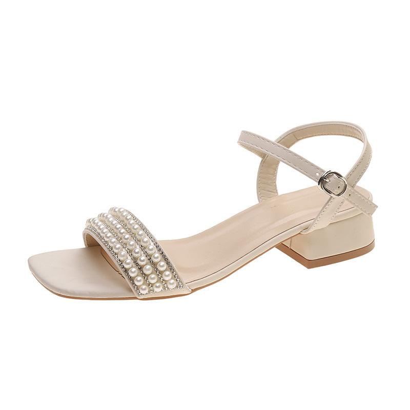 Γυναικεία Καλοκαίρι 2025 Μοντέρνα Σανδάλια Παπούτσια με Μεσαίο Τακούνι Γυναικεία Εξωτερικού Χώρου Σανδάλια με Περικνημίδα με Χάντρες Τετράγωνο Δάκτυλο Sandalias Chaussures Femme