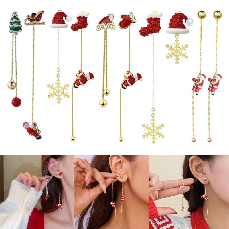 Asymmetric Snowflake Christmas Boot Hat Drop Earrings Long Tassels Earring for Women Ear Rings Party Accessories