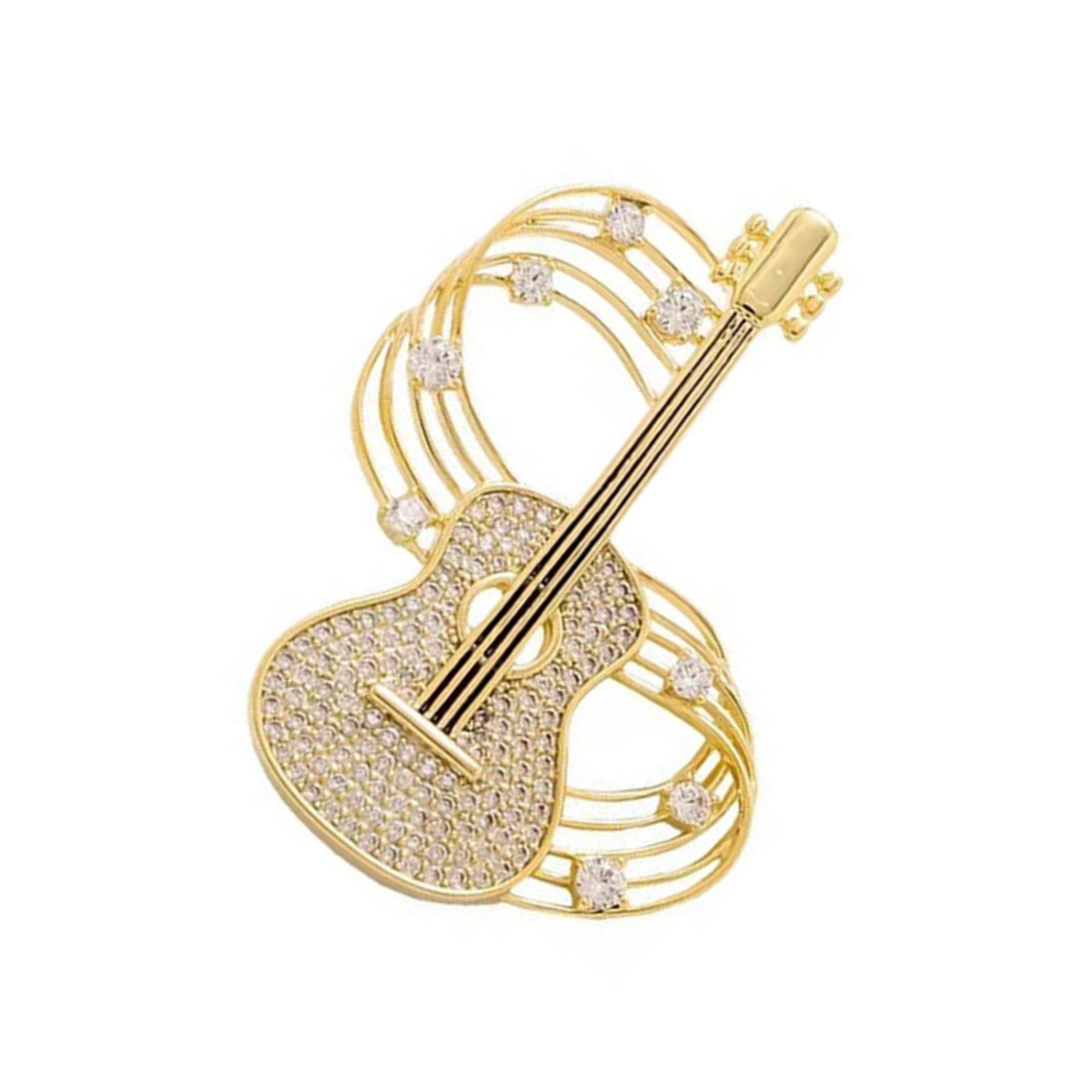 

Стильная брошь в виде гитары с нотами, со стразами, из сплава, золотистого тона, булавка, ювелирное украшение для музыкантов, аксессуары для концертов и вечеринок золотой