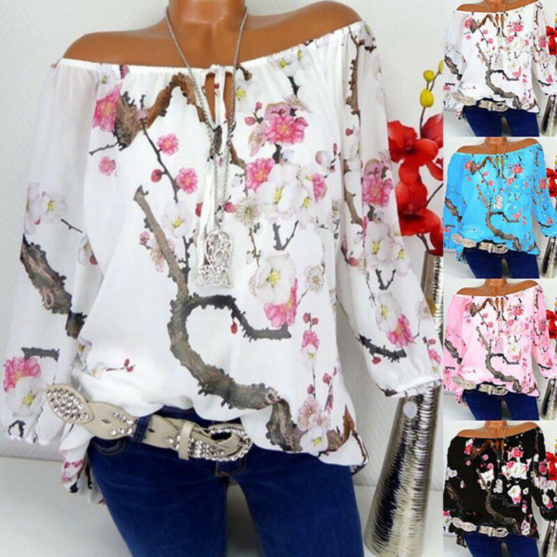 Off Women Shoulder Floral Tops Ladies Summer Loose T Shirt Blouse Plus Size