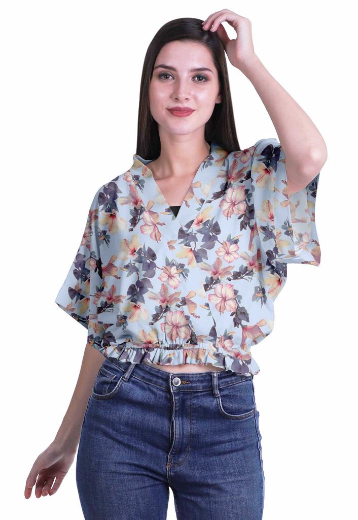 Moomaya Printed Boxy Sleeve Tops For Women V-Neck Elastic WaistA  Kimono Top