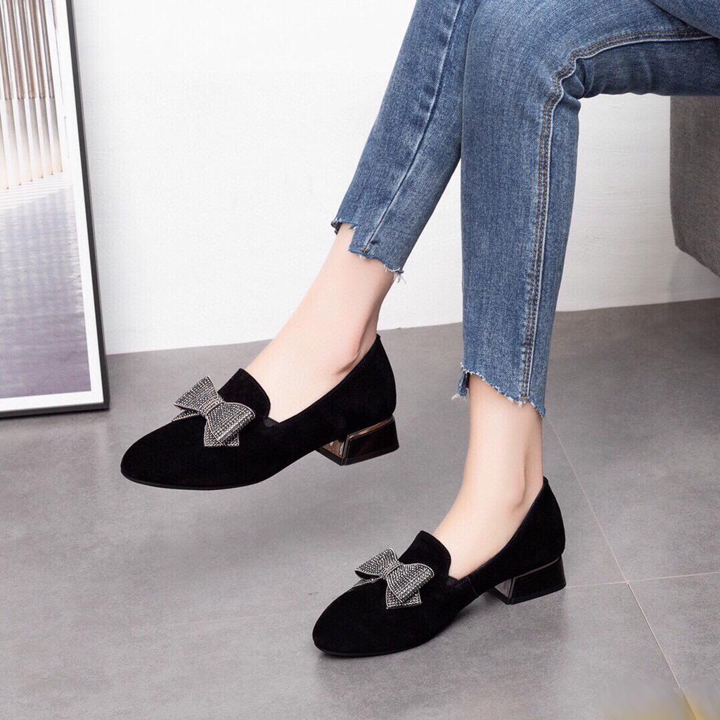 Single Shoes Women's 2025 Spring New Black Sheepskin Low Heel Bow Korean Version Women's Shoes Low Top One Pedal Loafers